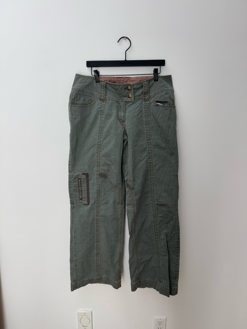 CAbi Olive Green Relaxed Cargo Pants with Patterned Waist Lining